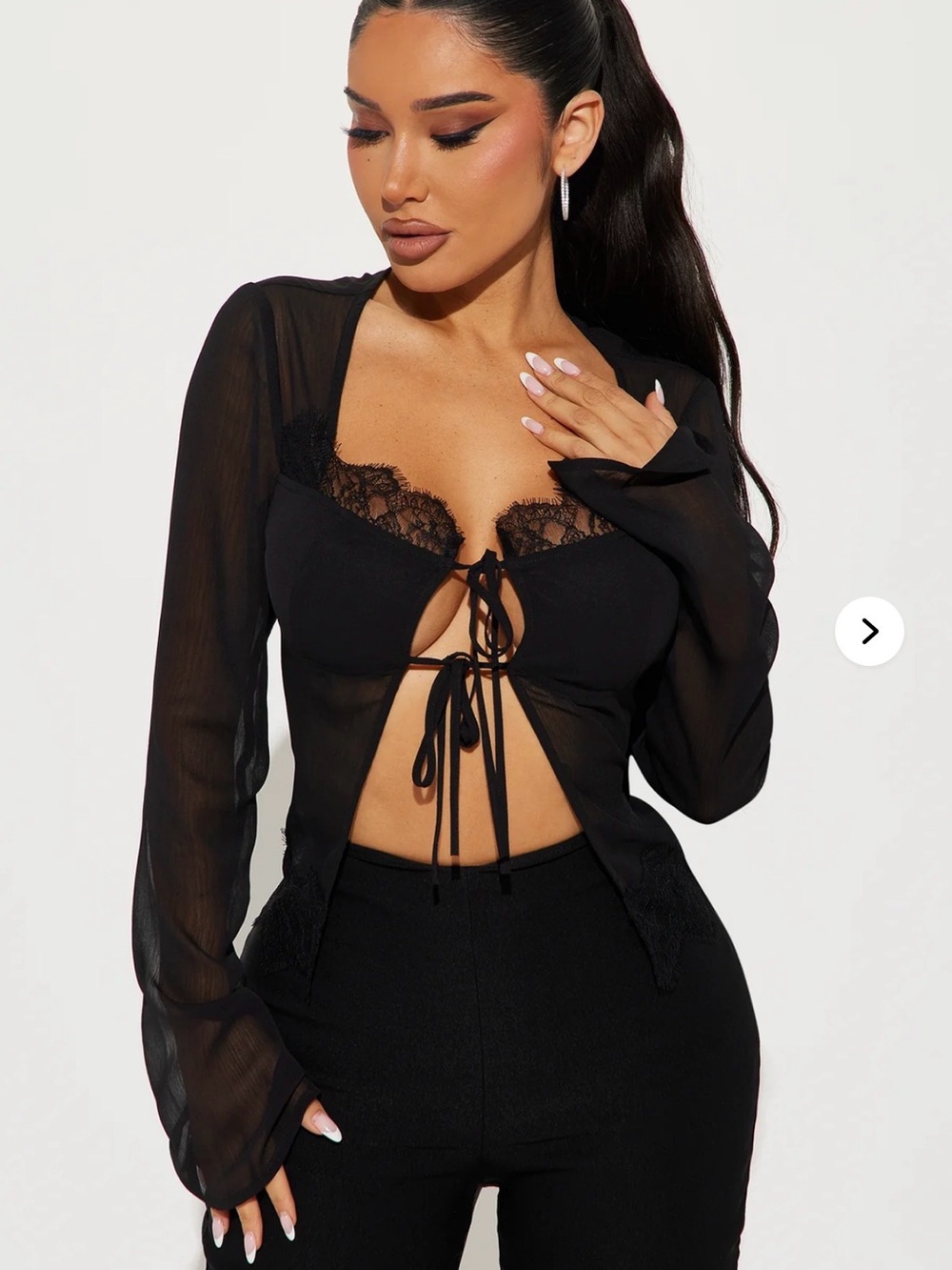 Fashion Nova Black Sheer Lace Tie-Front Crop Top